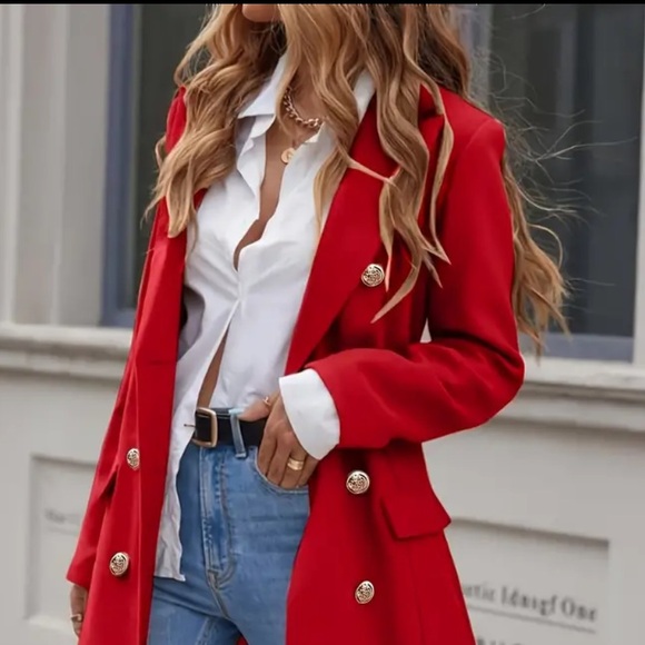 NWT Double-breasted Lapel Coat, Elegant Solid Long Sleeve Knee Length Coat - Picture 4 of 5